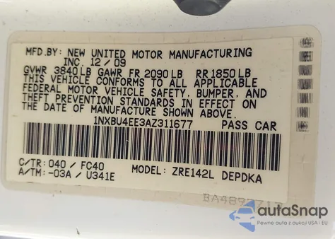 2010 Toyota Corolla Le из США, поврежденный, VIN 1NXBU4EE3AZ311677